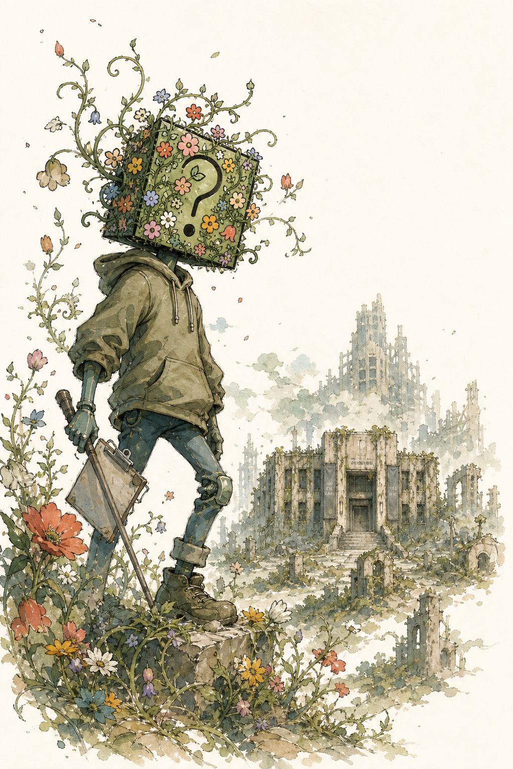 Bloom standing among flowers before the ruined Department